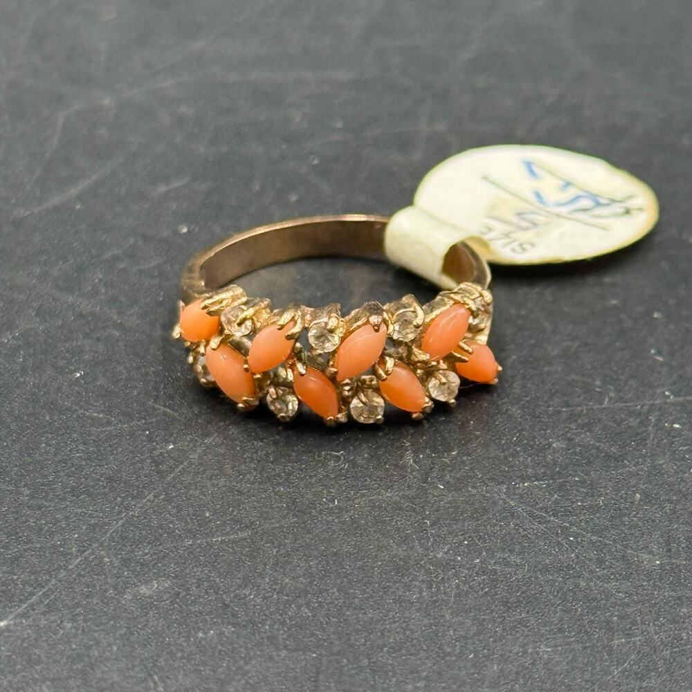 Vintage Cocktail Ring Coral Cabochon Band Ring Heavy Gold Electroplate